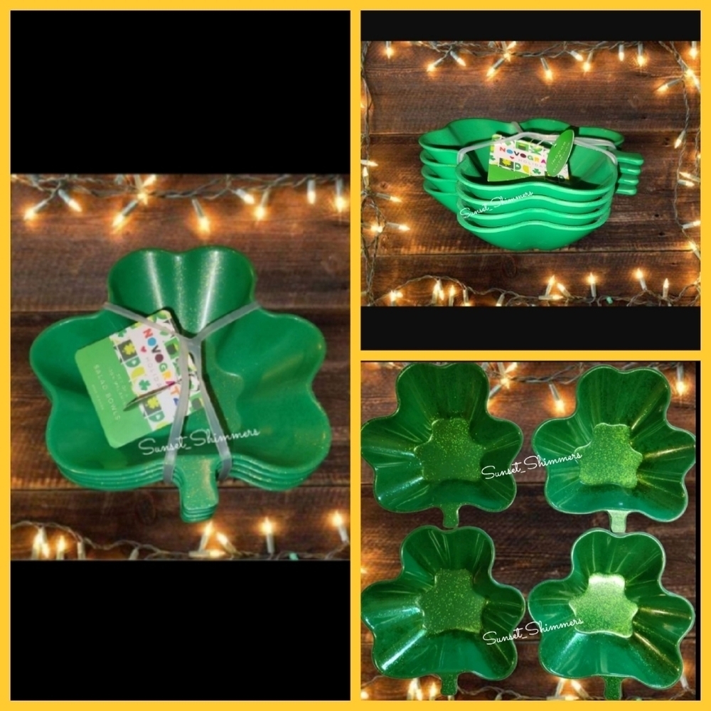 x4 ST PATRICKS DAY SHAMROCK GOLD SHIMMER MELAMINE Salad App Dessert BOWL Set New